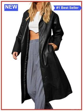 Faux Leather Trench Coat Button Down Notch Collar Slim Fit Full Length